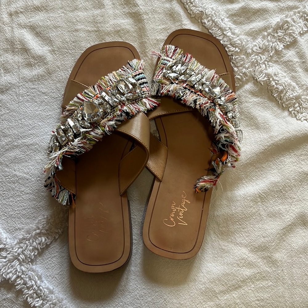 Rhinestone fringe flip flops. Size 7